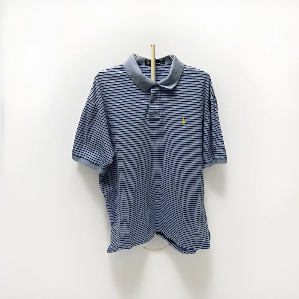 Polo Ralph Lauren Polo Shirt Men's‎ XL Blue Striped Short Sleeve Yellow Pony